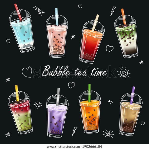 Bubble\
milk tea design collection. Beautiful hand drawn image in modern\
artistic style on a dark gray textured\
background.