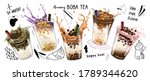 Bubble milk tea design collection,Pearl milk tea , Boba milk tea, Yummy drinks, coffees with doodle style banner,  Vector illustration.