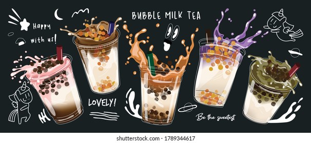 Коллекция дизайна чая с пузырьковым молоком, чай с жемчужным молоком, чай с молоком Boba, вкусные напитки, кофе с баннером в стиле каракули, векторная иллюстрация.