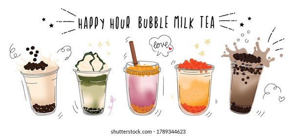 Bubble milk tea design collection,Pearl milk tea , Boba milk tea, Yummy drinks, coffees with doodle style banner,  Vector illustration.