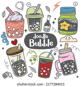Bubble milk tea Doodle, Boba milk tea, coffees and soft drinks with  doodle style .Vector illustration ,Each on a separate layer.