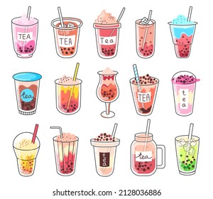 Bubble milk tea doodles, cold boba drinks with tapioca pearls. Taiwan sweet pearl tea drink, iced summer milkshakes and beverages vector set of milk tea delicious drink