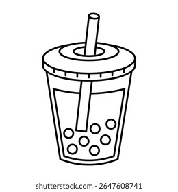 bubble milk tea with flat lid and straw line drawing isolated on white background