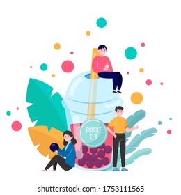 Bubble milk tea flat vector illustration. Cartoon cute tiny people sitting near big plastic mug and drinking boba beverage. Summer and Asian drinks concept