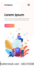 Bubble milk tea flat vector illustration. Cartoon cute tiny people sitting near big plastic mug and drinking boba beverage. Summer and Asian drinks concept
