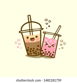 Bubble milk tea funny illustration. Hand drawn kawaii smiled drinks. Cute cartoon vector icon. Colorful milk shake characters isolated on milky background.