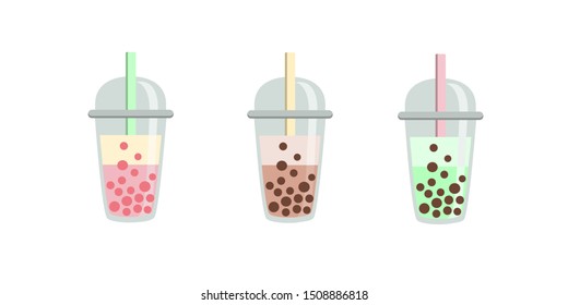 Bubble milk tea funny illustration. Hand drawn cute cartoon vector icon. Colorful milk shake characters isolated on milky background.