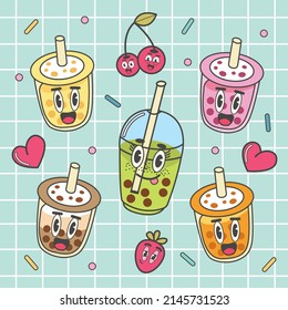 Bubble milk tea funny illustration. Hand drawn kawaii smiled drinks. Cute cartoon vector icon. Colorful milk shake characters isolated on milky background.