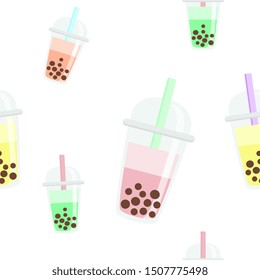Bubble milk tea funny pattern illustration. Hand drawn cute cartoon vector icon. Colorful milk shake characters isolated on milky background.