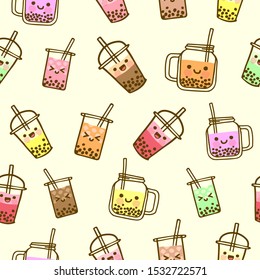 Bubble milk tea funny seamless pattern. Hand drawn kawaii smiled drinks with tapioca pearls. Cute cartoon vector illustration. Colorful background with ice tea characters.