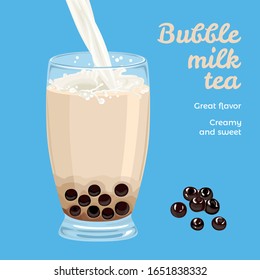 Bubble Milk Tea in glass isolated on blue background. Boba Tea  Brown Sugar Tapioca Pearl Milk.  Vector illustration of sweet drink in cartoon simple flat style. Pouring milk and splash in glass.