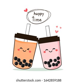 Bubble milk tea and hand drawn text isolated on white background vector illustration. Cute cartoon character.