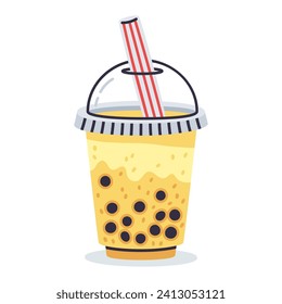 Blumenmilchtee. Manuell gezeichneter Taiwan-Milchtee-Tasse, Tapioca-Perlen-Boba-Tee, köstliche Softdrink-Tasse, Vektorgrafik auf weißem Hintergrund