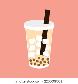 bubble milk tea and ice cubes  on a pink background