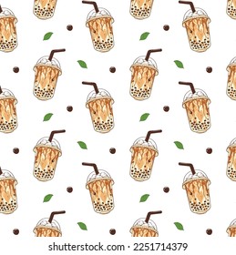 Bubble milk tea ice cup hand drawn sketch seamless pattern.
