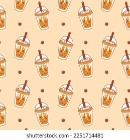 Bubble milk tea ice cup hand drawn sketch seamless pattern.