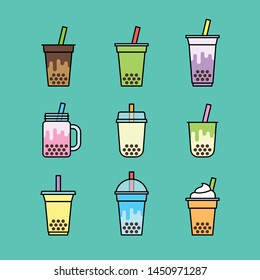 Bubble milk tea Icons set, Colorful simple flat design, Isolate on background, Vector illustration