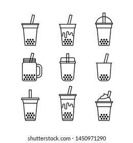 Bubble milk tea Icons set, Outline simple flat design, Isolate on white background, Vector illustration