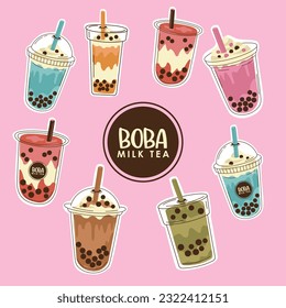 Ilustraciones de té de leche de burbuja, té de leche de perla, té de leche de Boba, té tailandés, café y refrescos con ilustración vectorial de estilo doodle.