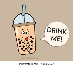bubble milk tea illustrator with happy character and teks drink me