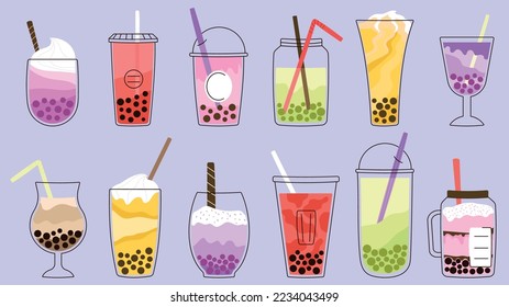 Bubble milk tea kawaii graphics. Taiwan smoothies, asian ice drink with fuits. Sweet cartoon bubbles dessert. Isolated drinks with pearls decent vector kit