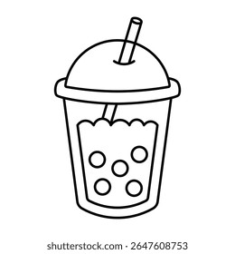 bubble milk tea line drawing with dome lid and straw isolated on white background
