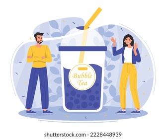 Bubble milk tea. Man and woman near cocktail. Cafe or restaurant menu, graphic element for website, poster or banner. Tasty liquid and beverage, dessert and delicacy. Cartoon flat vector illustration
