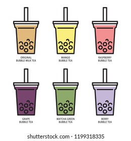 Bubble milk tea menu set, simple flat design. Isolate on white background.