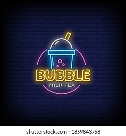 Bubble Milk Tea Neon Signs Style Text Vector