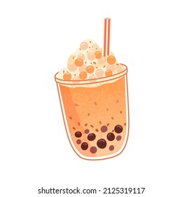 Bubble milk tea with orange juice flavor. Pearl boba drink in glass cup with bubbles, cream, fruit. Thai tapioca bubbletea with straw. Cold Taiwanese smoothie. Colored flat vector illustration