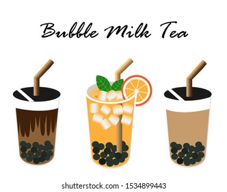 Bubble milk tea, Pearl milk tea, black chewing pearl in delicious milk tea. Isolated on white background. Vector Illustration.