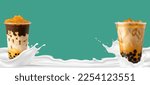 Bubble milk tea, Pearl milk tea , Different sorts of Boba. Yummy drinks. Ads with delicious tapioca. Restaurant cafe menu, template design.