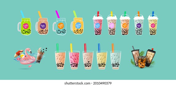 Bubble milk tea, Pearl milk tea , Different sorts of Boba. Yummy drinks. Ads with delicious tapioca. Restaurant cafe menu, template design. Food flyer. Chalk board, retro menu restaurant poster.