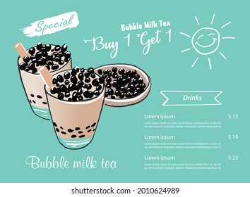 Bubble milk tea, Pearl milk tea , Different sorts of Boba. Yummy drinks. Ads with delicious tapioca. Restaurant cafe menu, template design. Food flyer. Chalk board, retro menu restaurant poster.