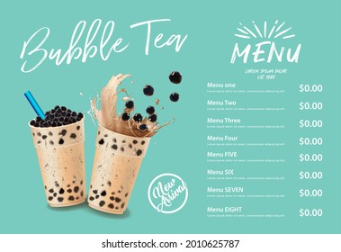 Bubble milk tea, Pearl milk tea , Different sorts of Boba. Yummy drinks. Ads with delicious tapioca. Restaurant cafe menu, template design. Food flyer. Chalk board, retro menu restaurant poster.