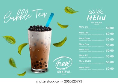 Bubble milk tea, Pearl milk tea , Different sorts of Boba. Yummy drinks. Ads with delicious tapioca. Restaurant cafe menu, template design. Food flyer. Chalk board, retro menu restaurant poster.