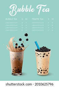 Bubble milk tea, Pearl milk tea , Different sorts of Boba. Yummy drinks. Ads with delicious tapioca. Restaurant cafe menu, template design. Food flyer. Chalk board, retro menu restaurant poster.