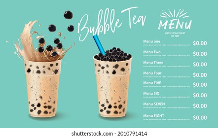 Bubble milk tea, Pearl milk tea , Different sorts of Boba. Yummy drinks. Ads with delicious tapioca. Restaurant cafe menu, template design. Food flyer. Chalk board, retro menu restaurant poster.