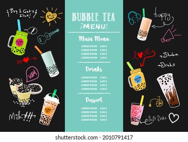 Bubble milk tea, Pearl milk tea , Different sorts of Boba. Yummy drinks. Ads with delicious tapioca. Restaurant cafe menu, template design. Food flyer. Chalk board, retro menu restaurant poster.