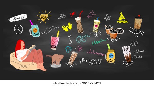 Bubble milk tea, Pearl milk tea , Different sorts of Boba. Yummy drinks. Ads with delicious tapioca. Restaurant cafe menu, template design. Food flyer. Chalk board, retro menu restaurant poster.