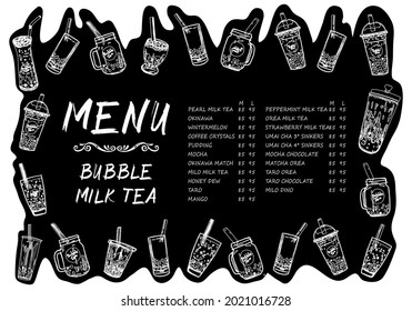 Bubble milk tea, Pearl milk tea , Different sorts of Boba. Yummy drinks. Ads with delicious tapioca. Restaurant cafe menu, template design. Food flyer. Chalk board, retro menu restaurant poster.