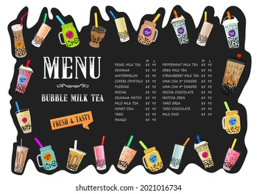 Bubble milk tea, Pearl milk tea , Different sorts of Boba. Yummy drinks. Ads with delicious tapioca. Restaurant cafe menu, template design. Food flyer. Chalk board, retro menu restaurant poster.