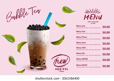 Bubble milk tea, Pearl milk tea , Different sorts of Boba. Yummy drinks. Ads with delicious tapioca.  Restaurant cafe menu, template design. Food flyer. Chalk board, retro menu restaurant poster. 