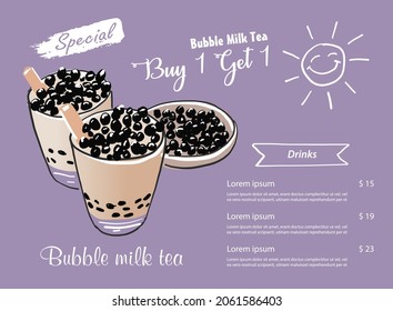 Bubble milk tea, Pearl milk tea , Different sorts of Boba. Yummy drinks. Ads with delicious tapioca.  Restaurant cafe menu, template design. Food flyer. Chalk board, retro menu restaurant poster. 