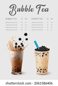 Bubble milk tea, Pearl milk tea , Different sorts of Boba. Yummy drinks. Ads with delicious tapioca.  Restaurant cafe menu, template design. Food flyer. Chalk board, retro menu restaurant poster. 