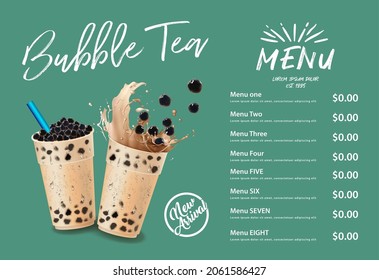 Bubble milk tea, Pearl milk tea , Different sorts of Boba. Yummy drinks. Ads with delicious tapioca.  Restaurant cafe menu, template design. Food flyer. Chalk board, retro menu restaurant poster. 