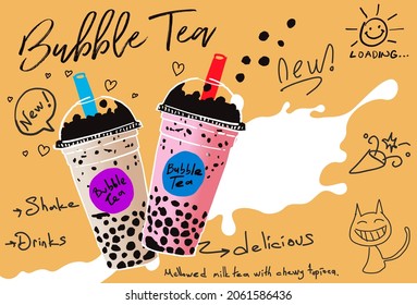 Bubble milk tea, Pearl milk tea , Different sorts of Boba. Yummy drinks. Ads with delicious tapioca.  Restaurant cafe menu, template design. Food flyer. Chalk board, retro menu restaurant poster. 