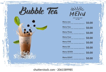 Bubble milk tea, Pearl milk tea , Different sorts of Boba. Yummy drinks. Ads with delicious tapioca.  Restaurant cafe menu, template design. Food flyer. Chalk board, retro menu restaurant poster. 