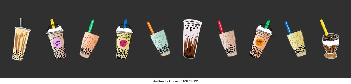 Bubble milk tea, Pearl milk tea , Different sorts of Boba. Yummy drinks. Ads with delicious tapioca.  Restaurant cafe menu, template design. Food flyer. Chalk board, retro menu restaurant poster. 