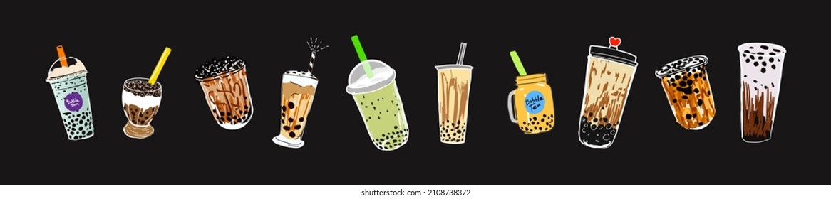 Bubble milk tea, Pearl milk tea , Different sorts of Boba. Yummy drinks. Ads with delicious tapioca.  Restaurant cafe menu, template design. Food flyer. Chalk board, retro menu restaurant poster. 